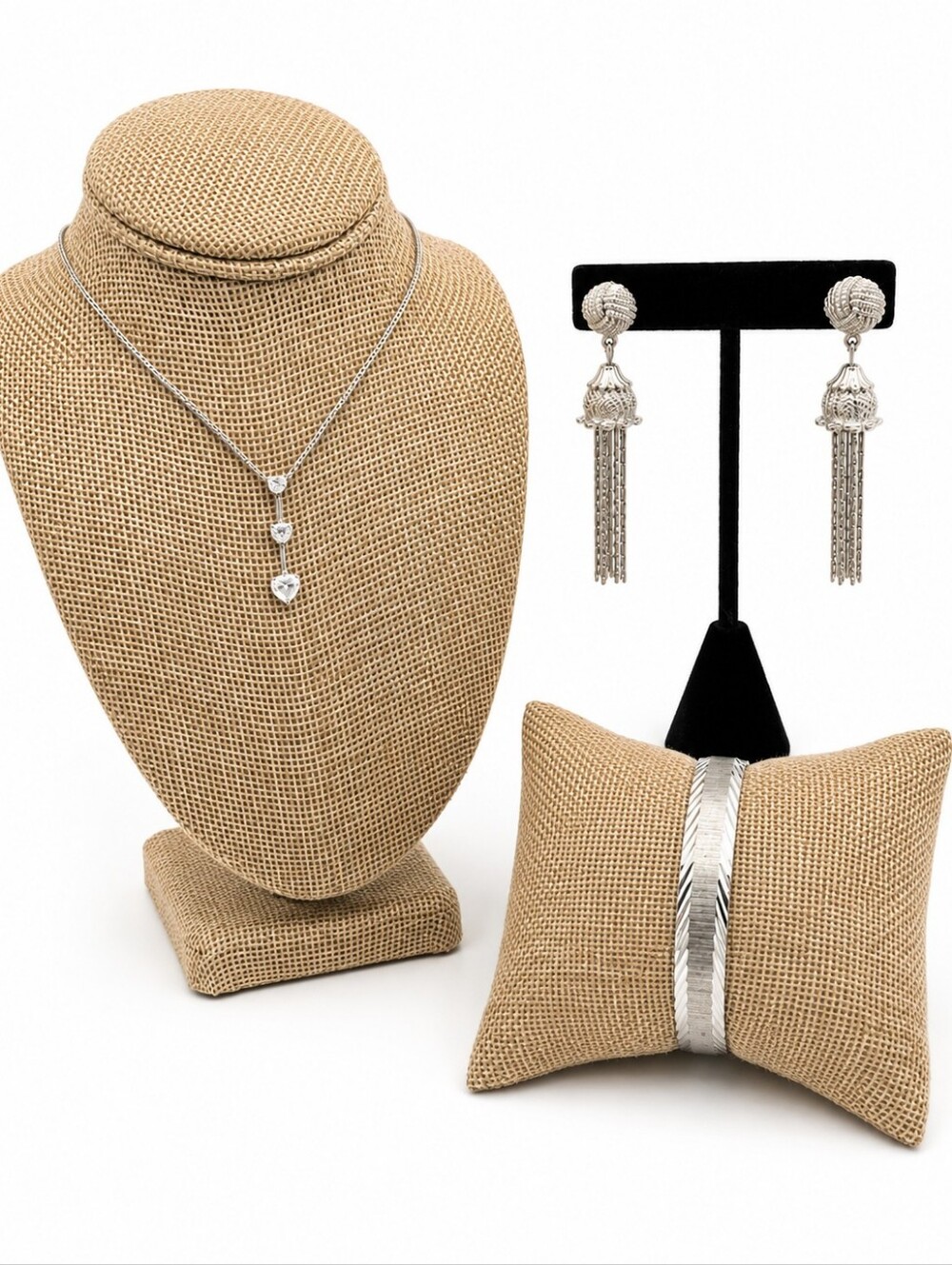 Monet Vintage Silver Tone 3 Piece Jewelry Set Necklace Clip On Earrings Bracelet